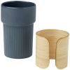 a black cup and a wooden container