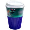 a blue and green cup with a white lid