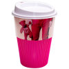 a pink and white coffee cup