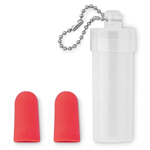 Additional Image 3 - a plastic bottle with a cord next to a pair of red earplugs