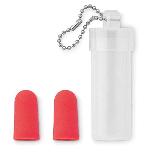 Additional Image 3 - a plastic bottle with a cord next to a pair of red earplugs