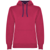 a pink sweatshirt with a blue drawstring