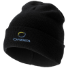 a black beanie with a logo on it