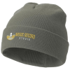 a grey beanie with yellow text