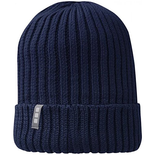 Additional Image 1 - a blue knit hat with a white label