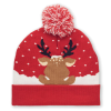 a red and white knit hat with a reindeer design