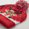 a red and white knit hat with a reindeer design