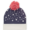 a blue and white beanie with a pom