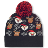 a black and red beanie with snowman and reindeer designs