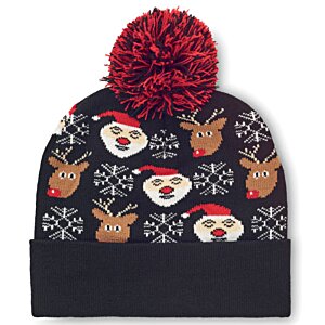 Additional Image 3 - a black and red beanie with snowman and reindeer designs
