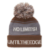 a grey and brown beanie with white text