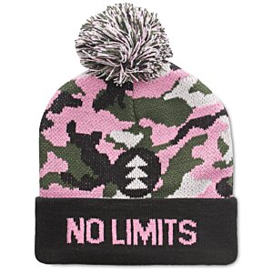 Additional Image 3 - a pink and black beanie with a pom