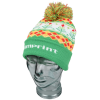 a green and yellow knit hat