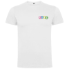 a white t-shirt with colorful logo