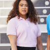 a woman in a pink shirt