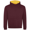 a maroon sweatshirt with yellow lining