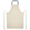 a white apron with blue handles