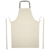 a white apron with green handles