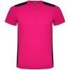 a pink shirt with black trim