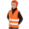 a boy wearing a orange vest and hat