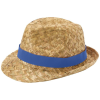 a brown hat with a blue band