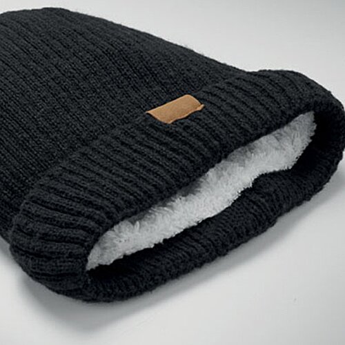 Additional Image 2 - a black knit hat with a brown patch