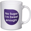 a white mug with purple and white text