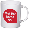 a white mug with a red circle and white text