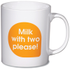 a white mug with orange label