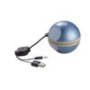 a blue and silver ball with a black cable