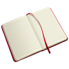 a white notebook with red band