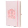 a pink notebook with a red logo