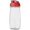 a clear plastic bottle with a red lid