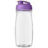 a plastic water bottle with a purple lid