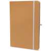 a brown notebook with a silver band