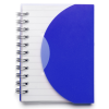 a spiral notebook with a blue cover