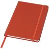 a red notebook with a red band