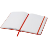 a white notebook with red band