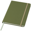 a green notebook with a white band