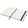 a white notebook with black band