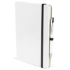 a white notebook with a black band