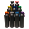 a group of black bottles with different colors