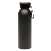 a black water bottle with a black strap