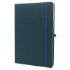 a black notebook with a blue stripe