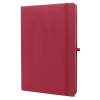 a red notebook with a clip