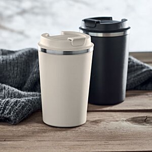 Additional Image 4 - a white cup with a silver rim and a black mug with a black mug on a wooden surface