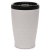 a white cup with a black lid