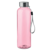 a pink water bottle with a silver strap