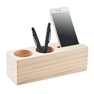 Additional Image 3 - a wooden pencil holder with a phone and pencils