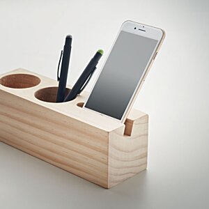Additional Image 4 - a wooden pencil holder with a phone and pens